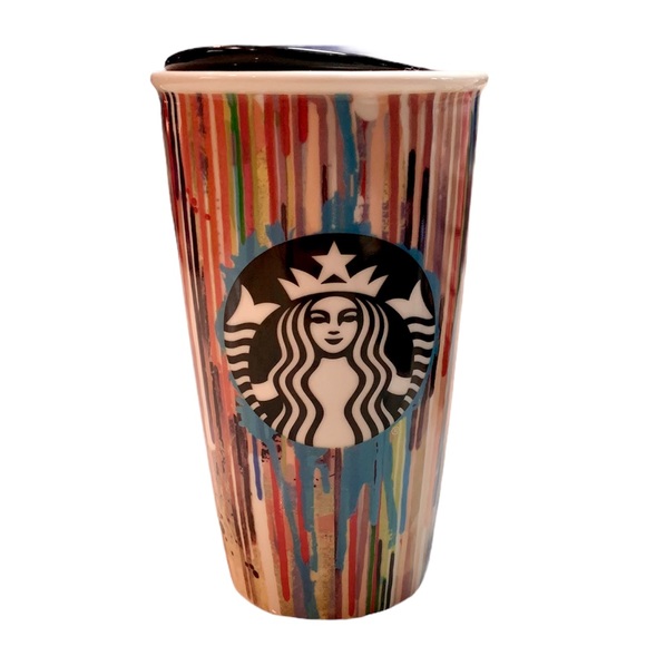 Starbucks PAINT DRIP 2015 Double Wall Ceramic Travel Coffee Mug Cup Tumbler Lid